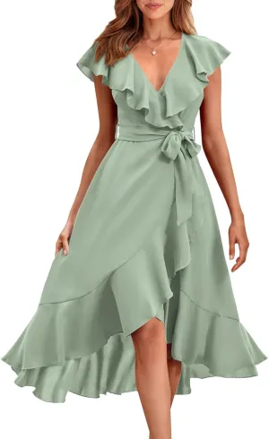 PRETTYGARDEN Women's 2025 Summer Cross Midi Dress Casual Boho Deep V Neck Short Sleeve Ruffle Hem Split Beach Long Dresses