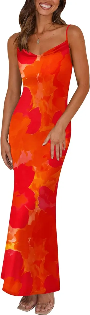 PRETTYGARDEN Women's 2025 Summer Floral Spaghetti Strap Maxi Dress Stretch Sexy Bodycon Dress Backless Slip Long Dresses