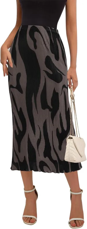 PRETTYGARDEN Women's 2025 Summer High Waist Graphic Print A Line Pleated Long Skirts for Women Trendy Plisse Midi Skirt