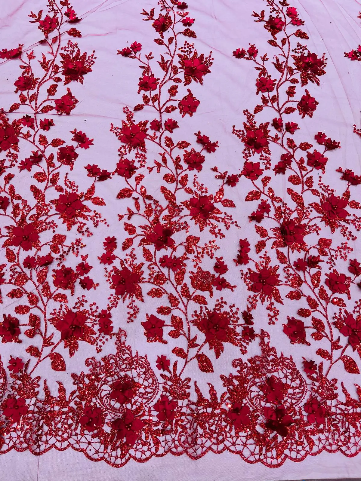 Princess Glitter 3d floral design embroidery with pearls in a mesh lace-sold by the yard.