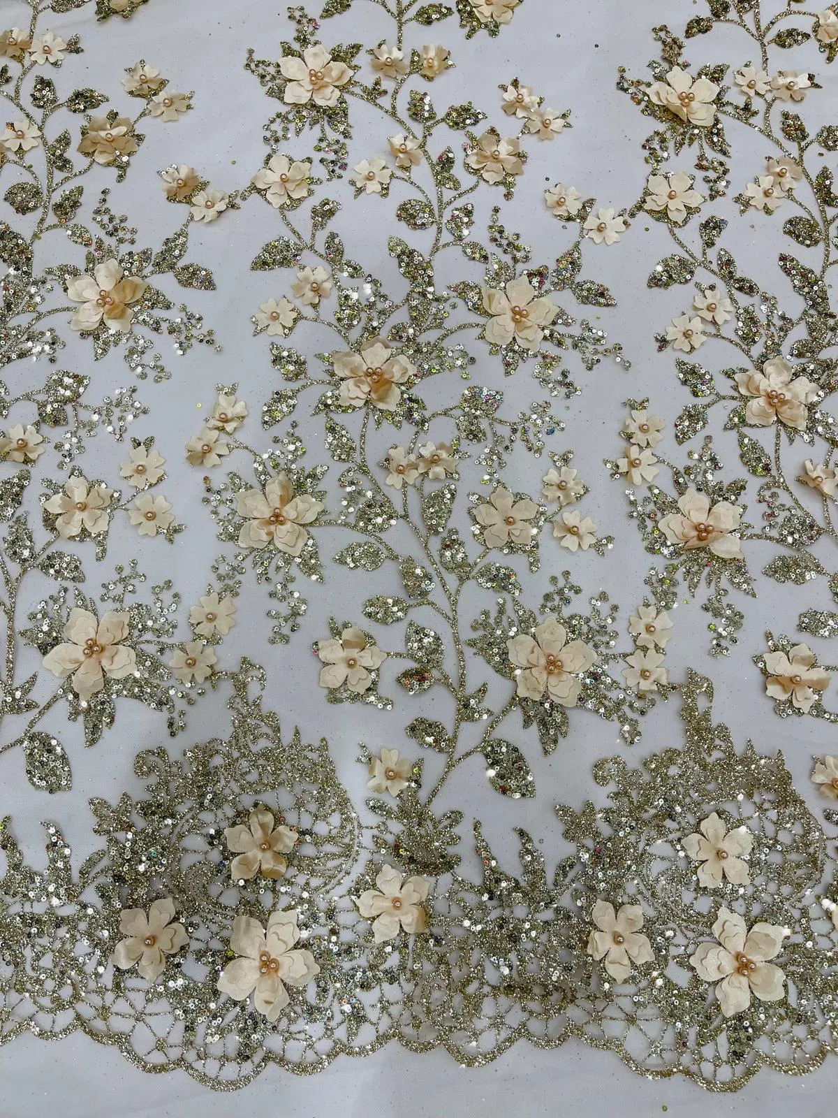 Princess Glitter 3d floral design embroidery with pearls in a mesh lace-sold by the yard.