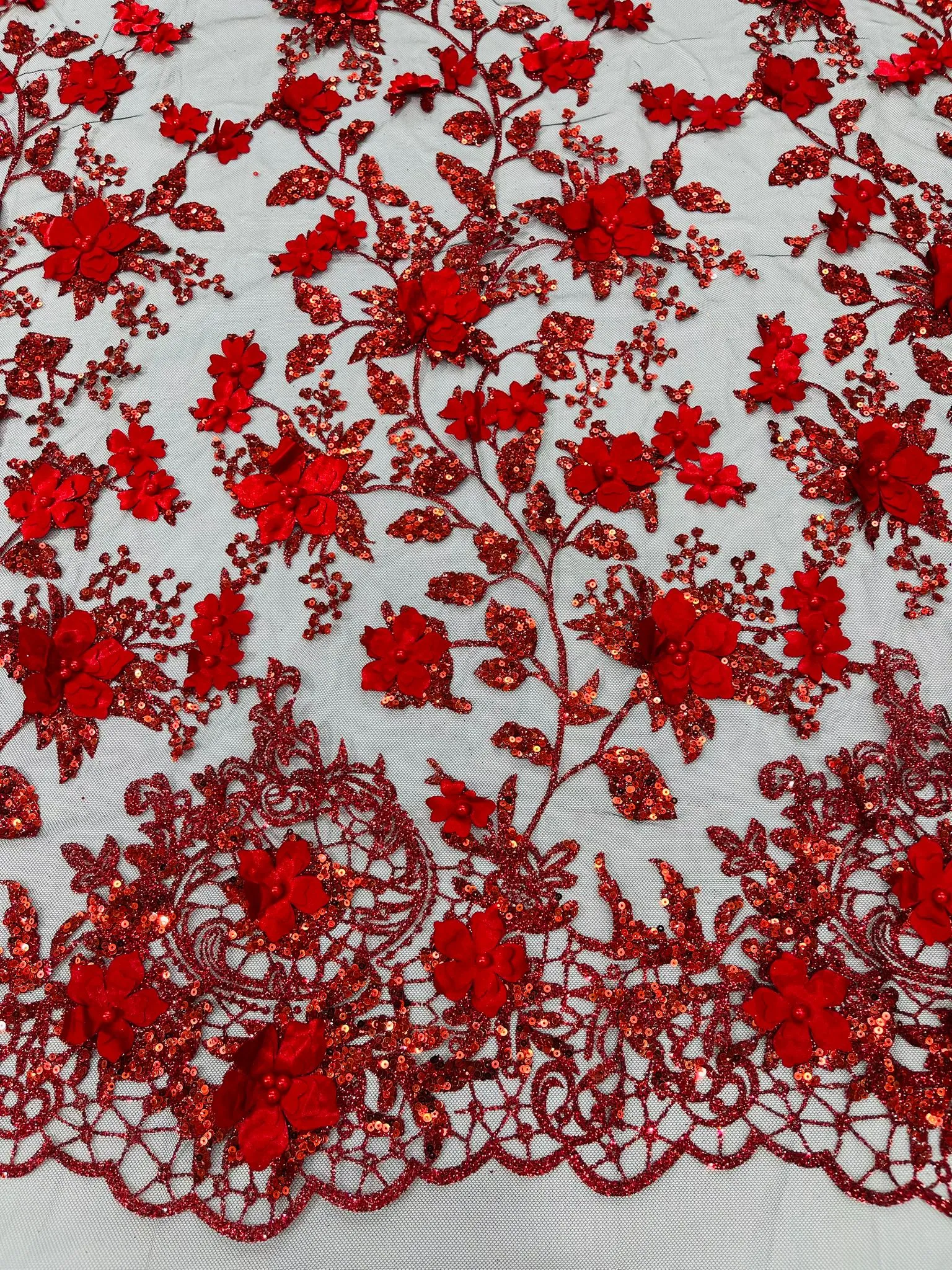 Princess Glitter 3d floral design embroidery with pearls in a mesh lace-sold by the yard.