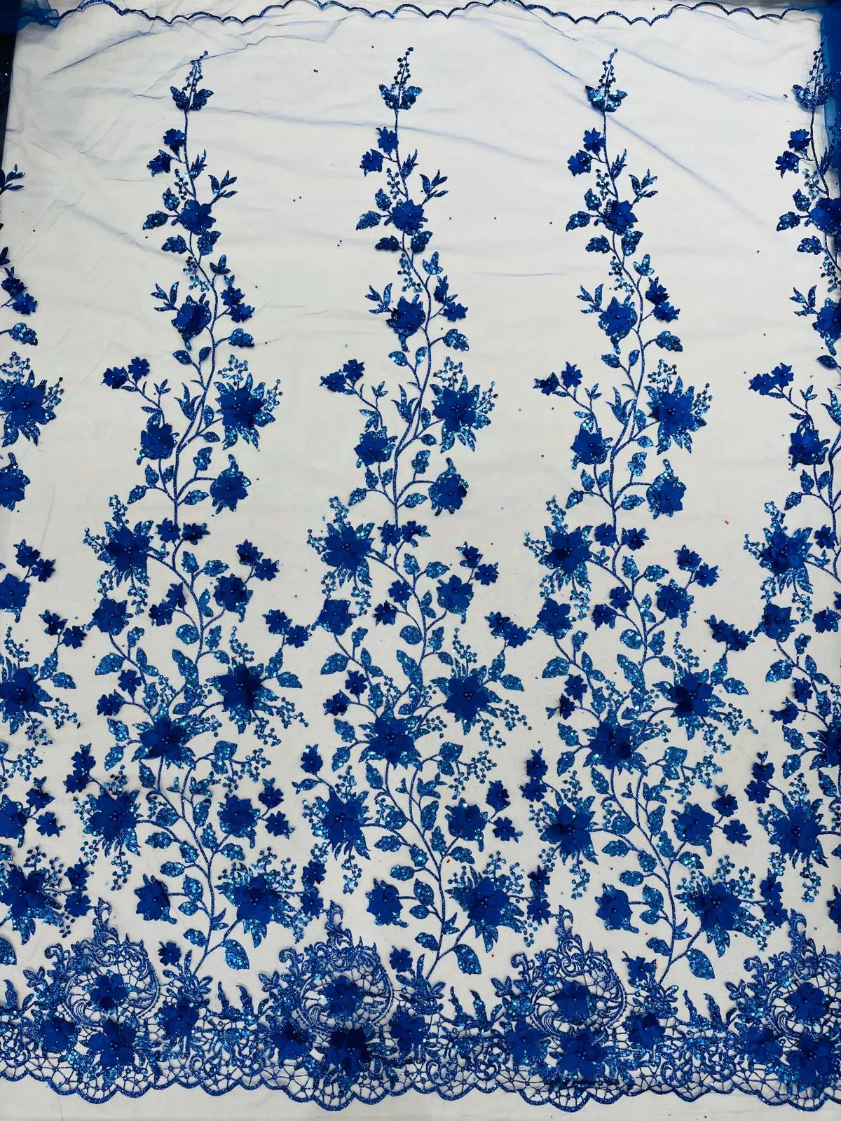 Princess Glitter 3d floral design embroidery with pearls in a mesh lace-sold by the yard.