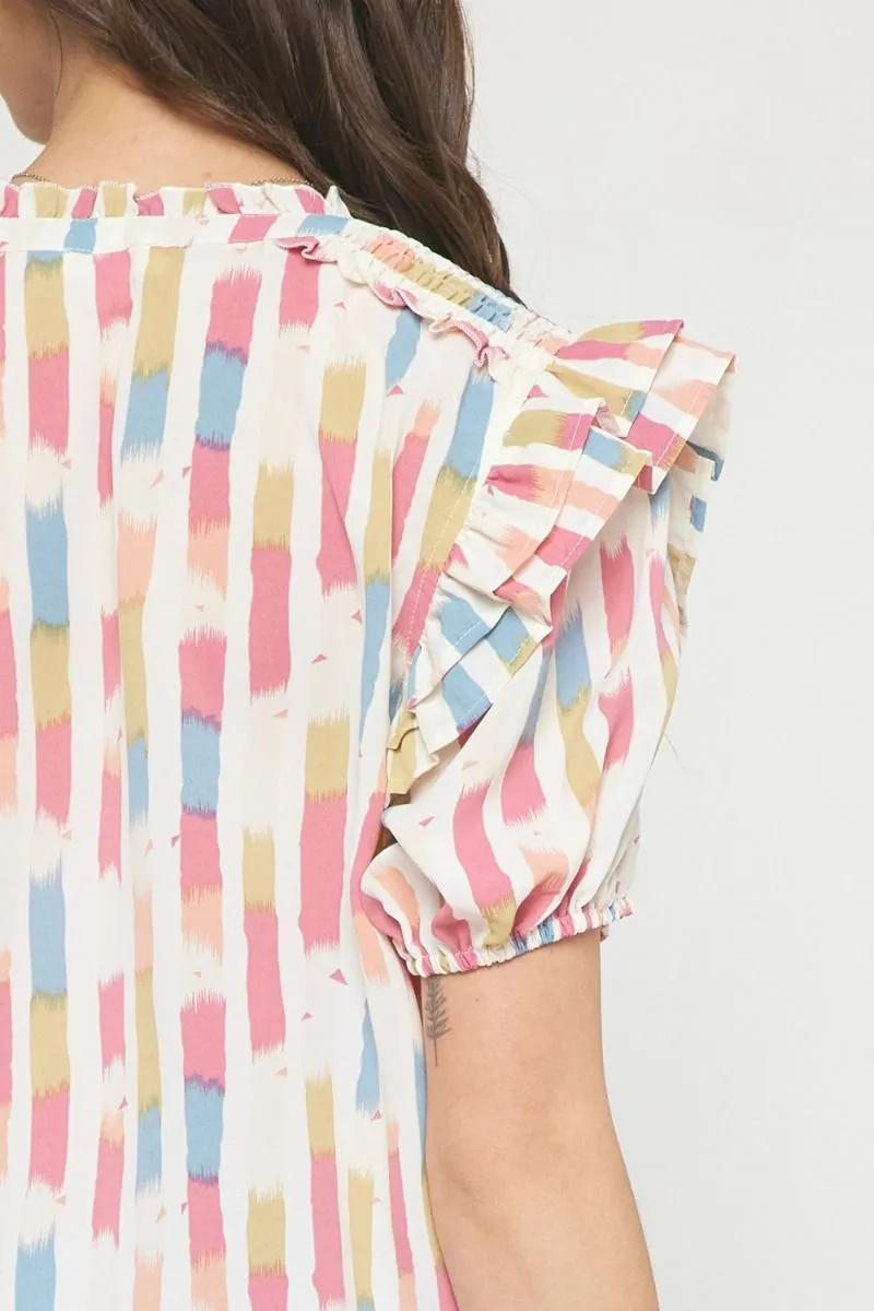 Print Self Tie V-Neck Ruffle Sleeve Top by Entro Clothing