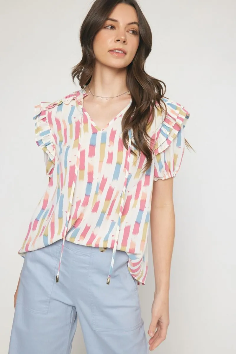 Print Self Tie V-Neck Ruffle Sleeve Top by Entro Clothing