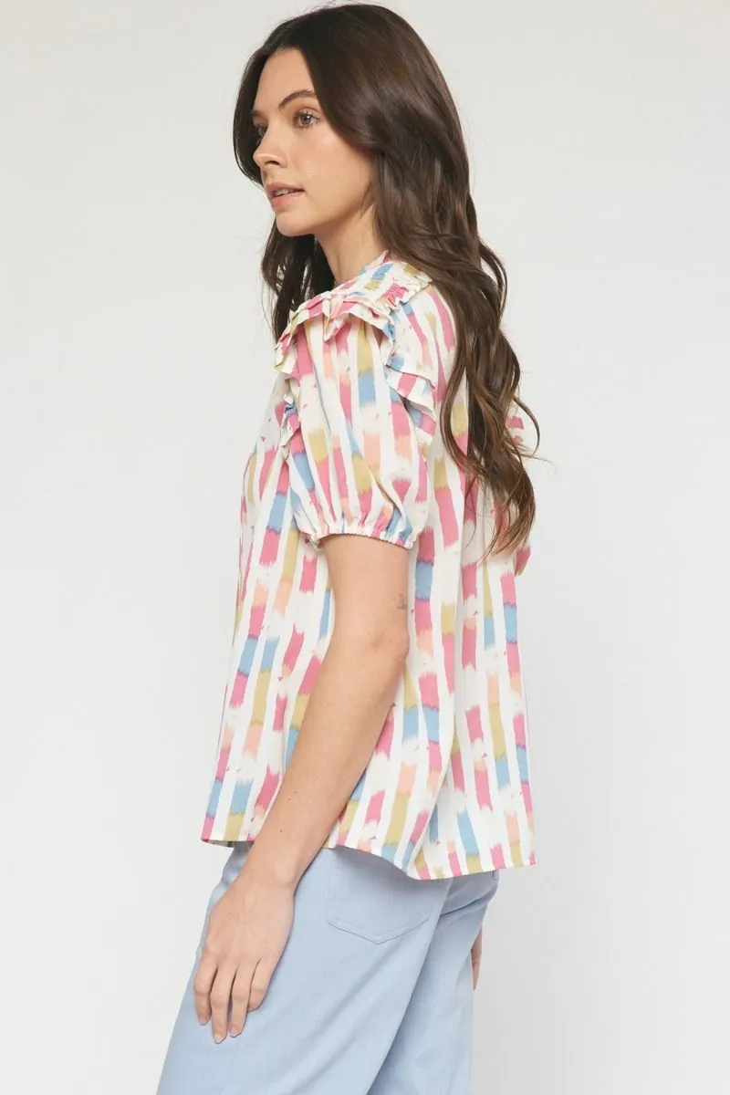 Print Self Tie V-Neck Ruffle Sleeve Top by Entro Clothing