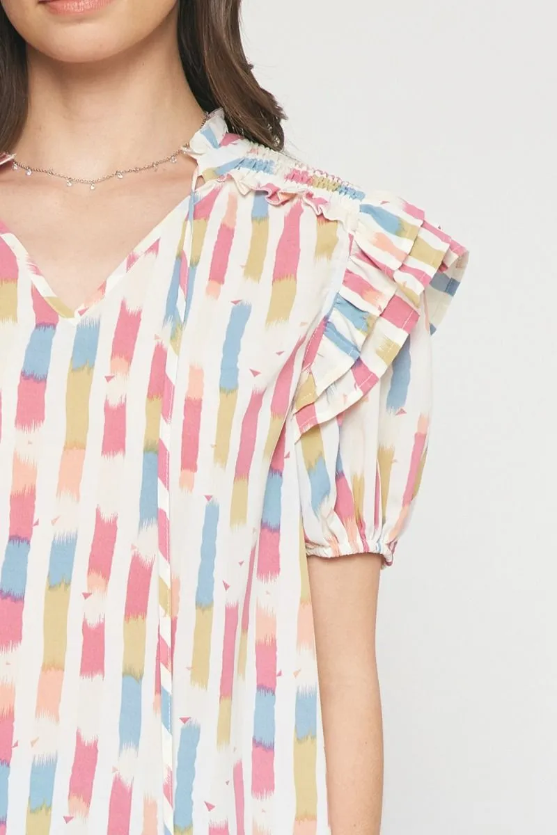 Print Self Tie V-Neck Ruffle Sleeve Top by Entro Clothing