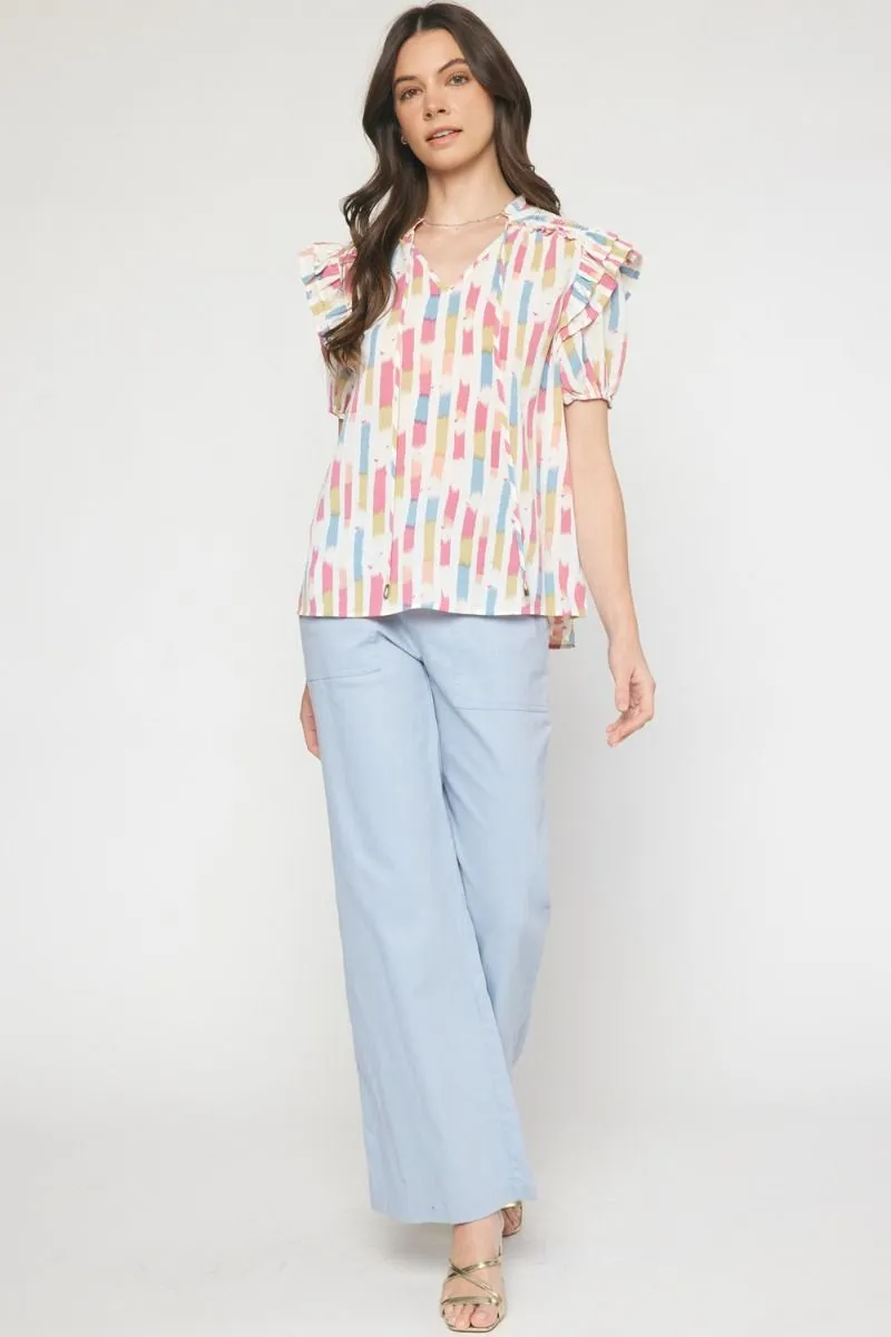 Print Self Tie V-Neck Ruffle Sleeve Top by Entro Clothing