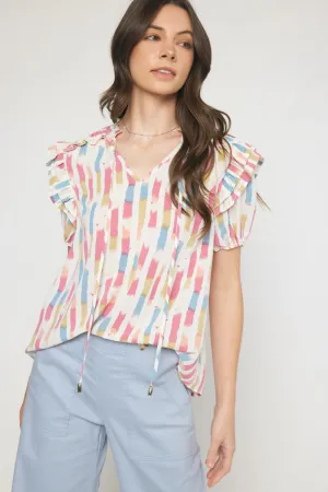 Print Self Tie V-Neck Ruffle Sleeve Top by Entro Clothing