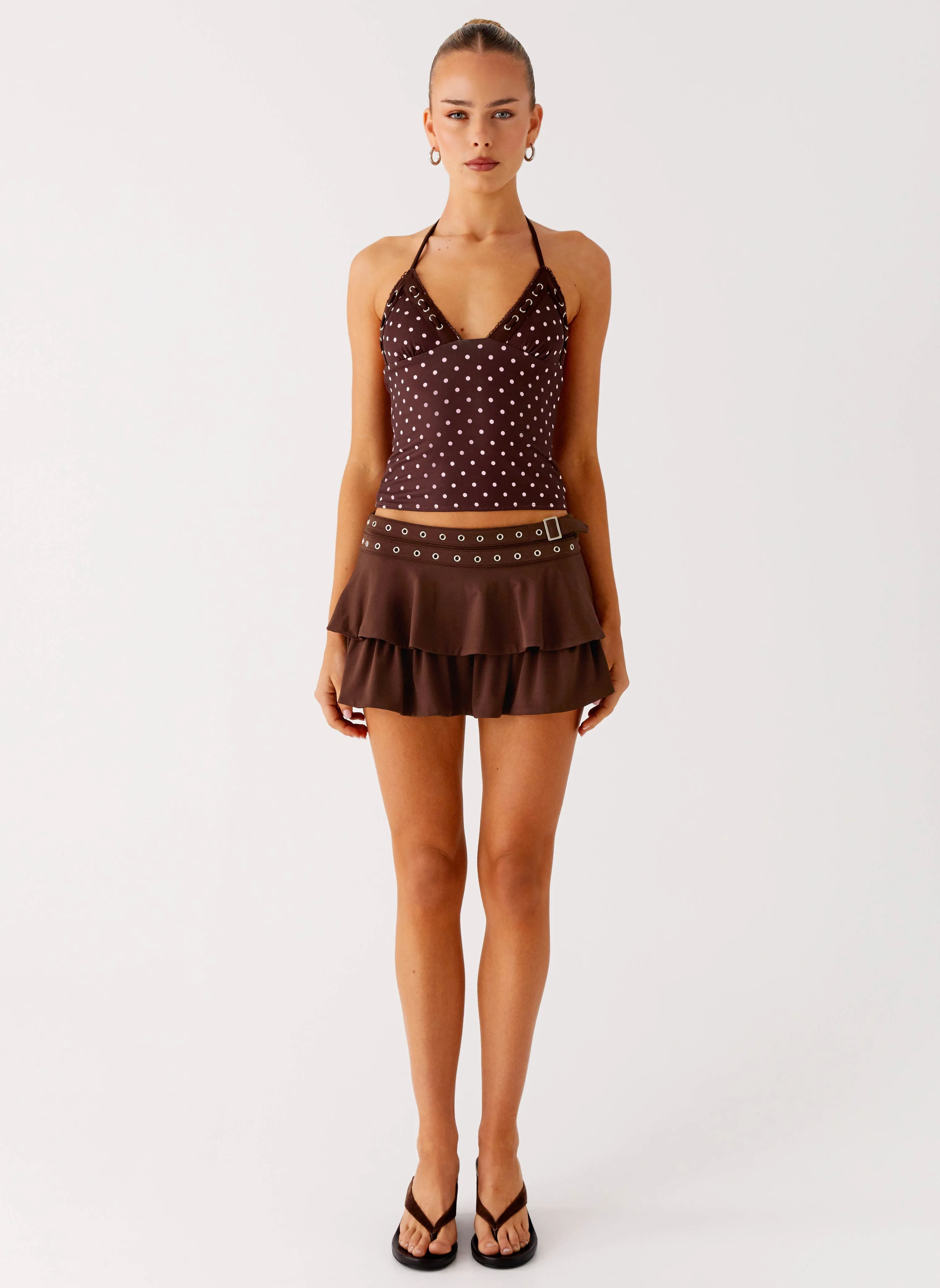 Prologue Belt Mini Skort - Chocolate Stain Resistant Weave Simple Utility