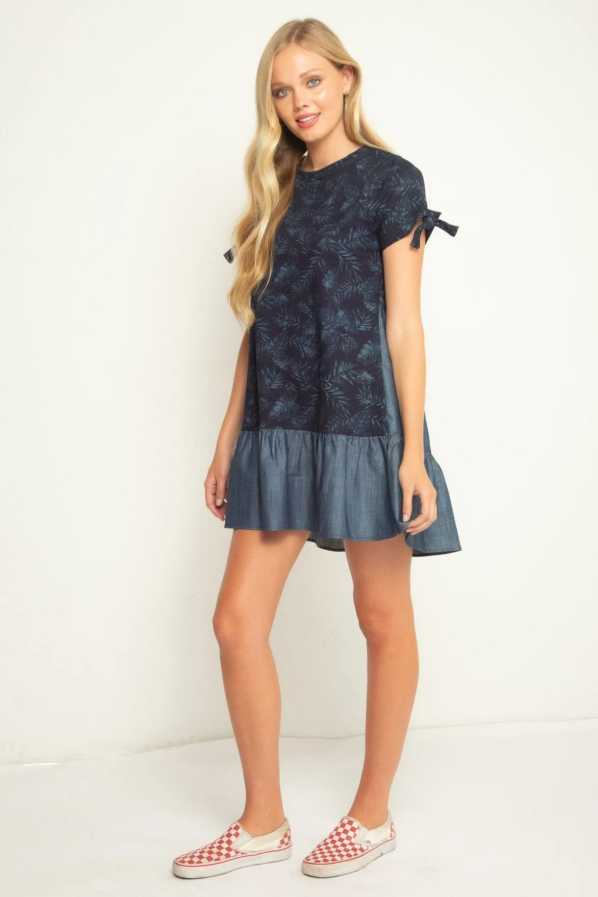 Metallic Finish Short Sleeve Navy Mini Dress