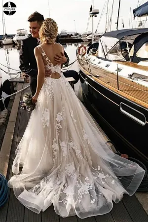 Promfast A-Line Floral Applique Beach Wedding Dresses, wedding gown new PFW0478