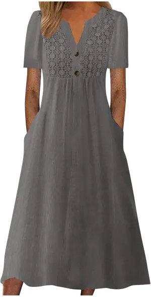 PTOLOCIF Midi Dresses for Women,Trendy Printed Short Sleeve Maxi Dress Casual Crewneck Basic Long T Shirt Dress with Pockets