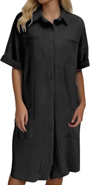 PTOLOCIF Shirt Dresses for Women Button up V Neck Tshirts Dress Summer Short Sleeve Business Casual Shift Dresses with Pocket