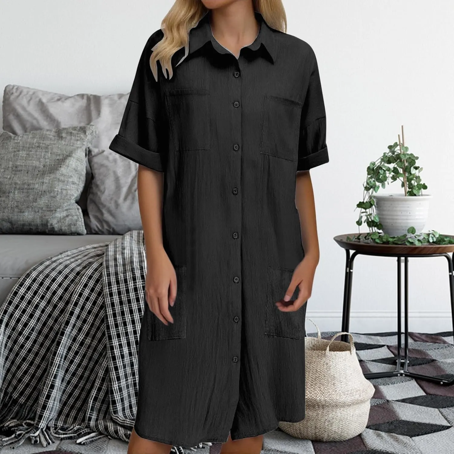 PTOLOCIF Shirt Dresses for Women Button up V Neck Tshirts Dress Summer Short Sleeve Business Casual Shift Dresses with Pocket