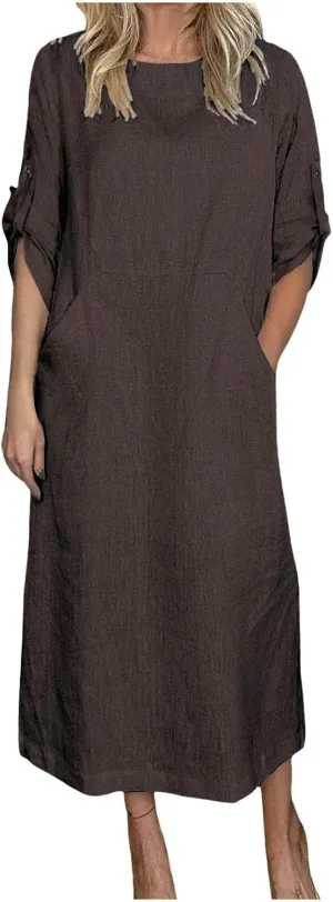 PTOLOCIF Summer Dresses for Women Crew Neck Half Short Sleeve T Shirt Dresses Solid Color Hem Beach Casual Shift Dress