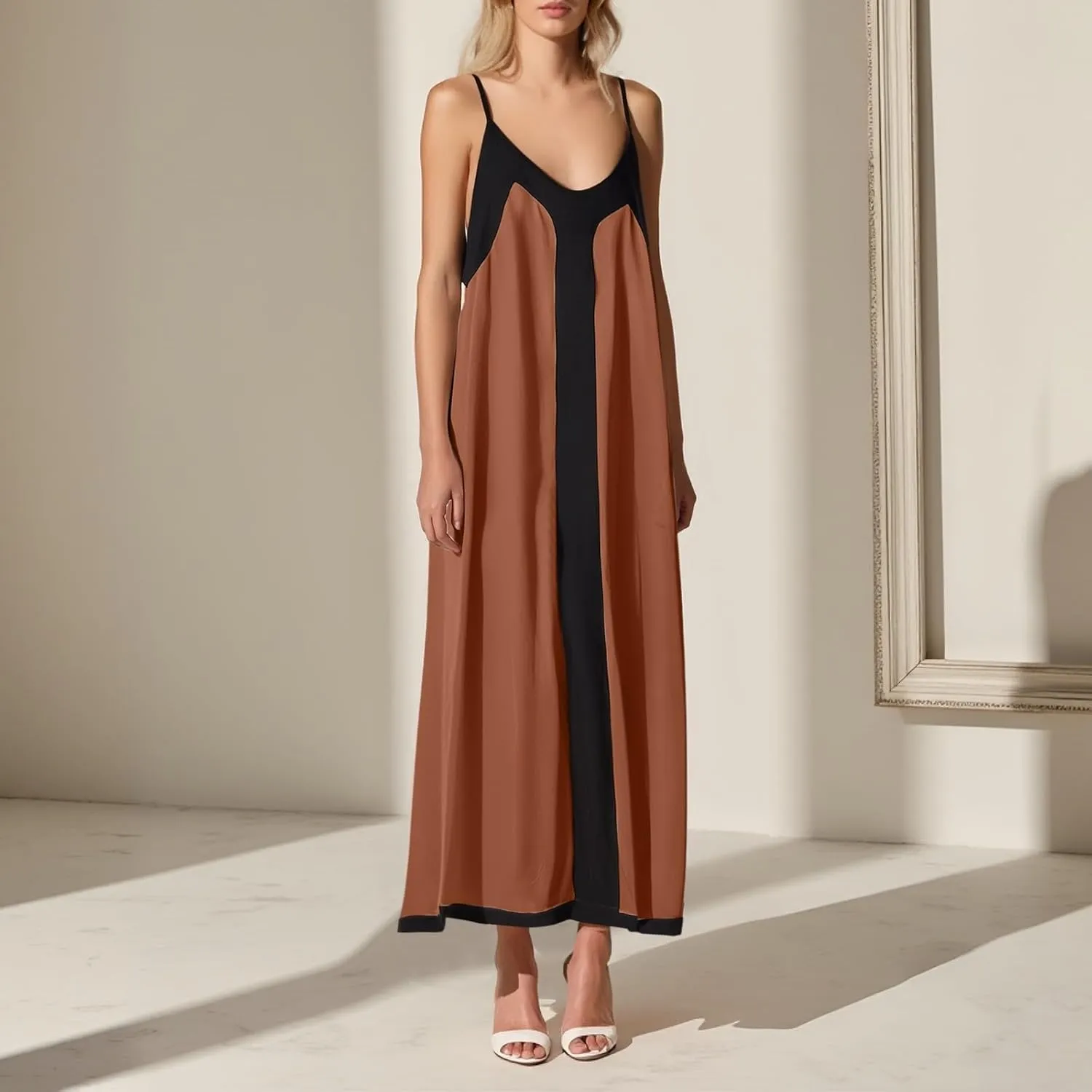 PTOLOCIF Summer Maxi Dresses for Women 2025 Trendy V Neck Spaghetti Strap Beach Sundress Flowy Elegant Holiday Party Dresses