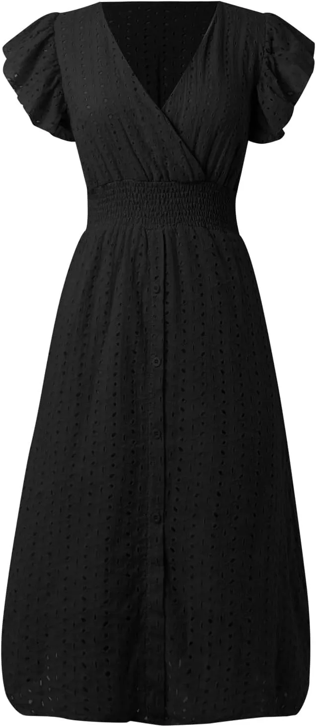 PTOLOCIF Wedding Guest Dresses for Women 2024 Trendy Eyelet Dresses Summer V Neck Ruffle Sleeve Party Dress a Line Boho Dress