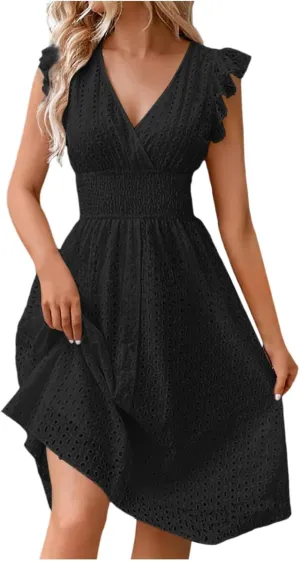 PTOLOCIF Wedding Guest Dresses for Women 2024 Trendy Eyelet Dresses Summer V Neck Ruffle Sleeve Party Dress a Line Boho Dress