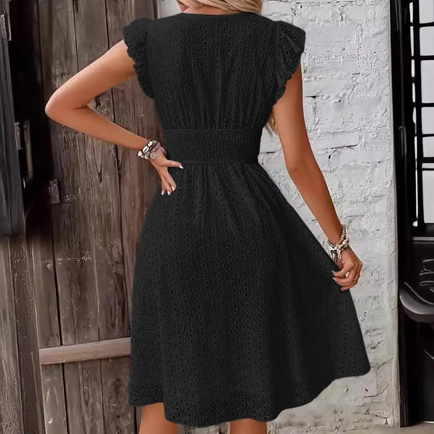PTOLOCIF Wedding Guest Dresses for Women 2024 Trendy Eyelet Dresses Summer V Neck Ruffle Sleeve Party Dress a Line Boho Dress