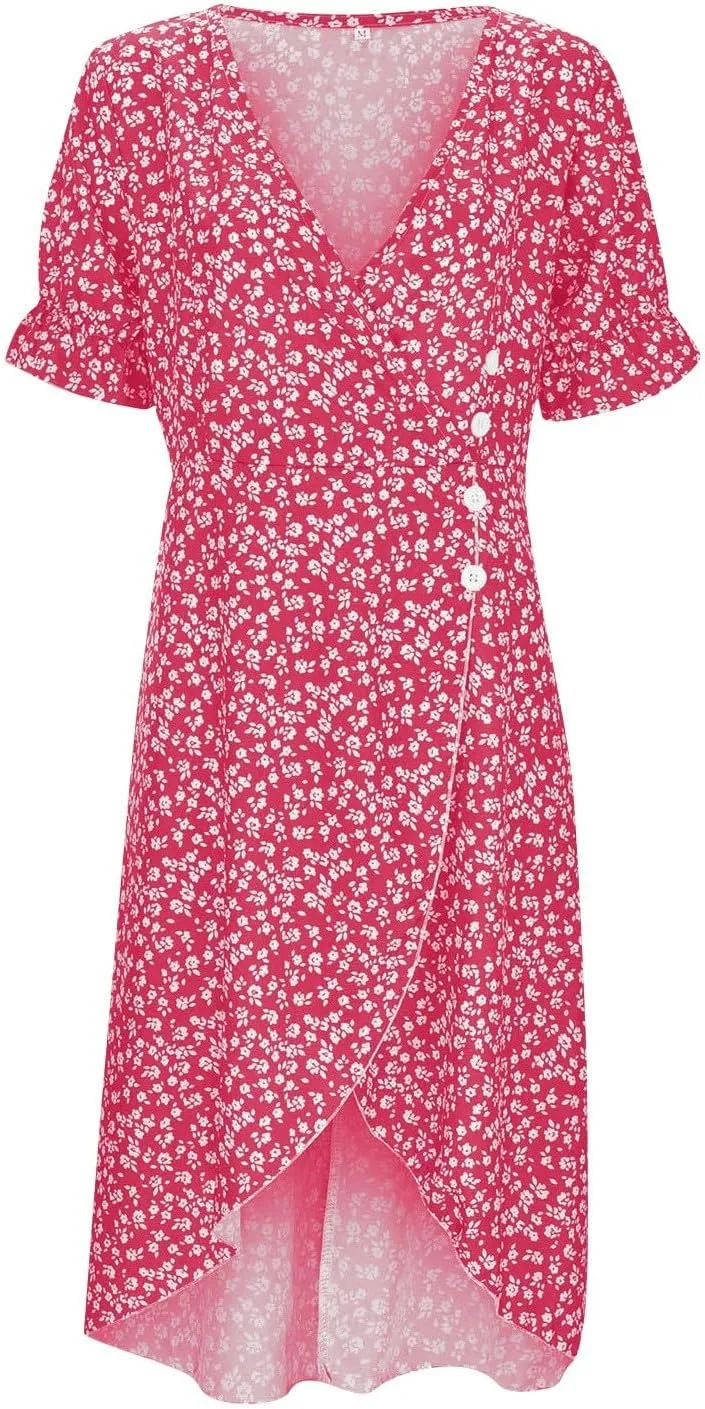 PTOLOCIF Wedding Guest Dresses for Women 2025 Trendy Floral Printed Party Dress Elegant Wrap V Neck Short Sleeve Midi Dress