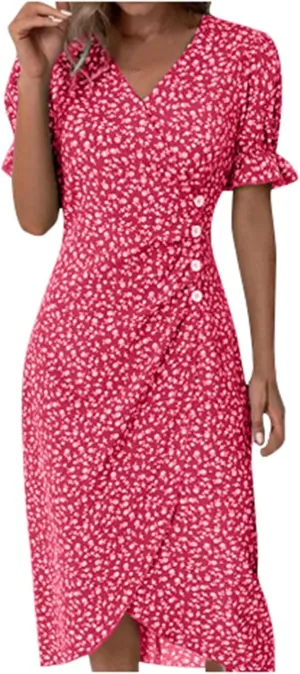 PTOLOCIF Wedding Guest Dresses for Women 2025 Trendy Floral Printed Party Dress Elegant Wrap V Neck Short Sleeve Midi Dress