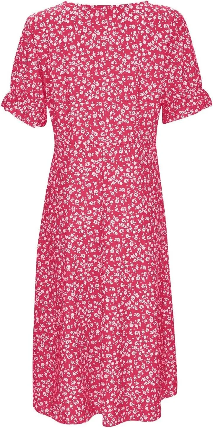 PTOLOCIF Wedding Guest Dresses for Women 2025 Trendy Floral Printed Party Dress Elegant Wrap V Neck Short Sleeve Midi Dress