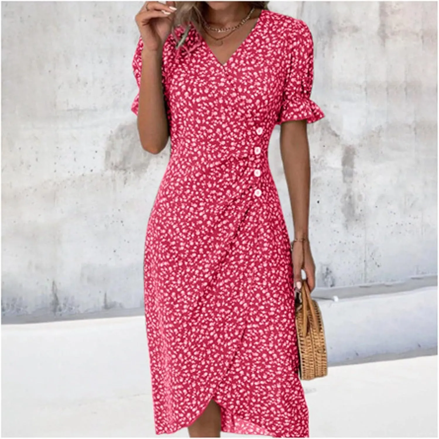 PTOLOCIF Wedding Guest Dresses for Women 2025 Trendy Floral Printed Party Dress Elegant Wrap V Neck Short Sleeve Midi Dress