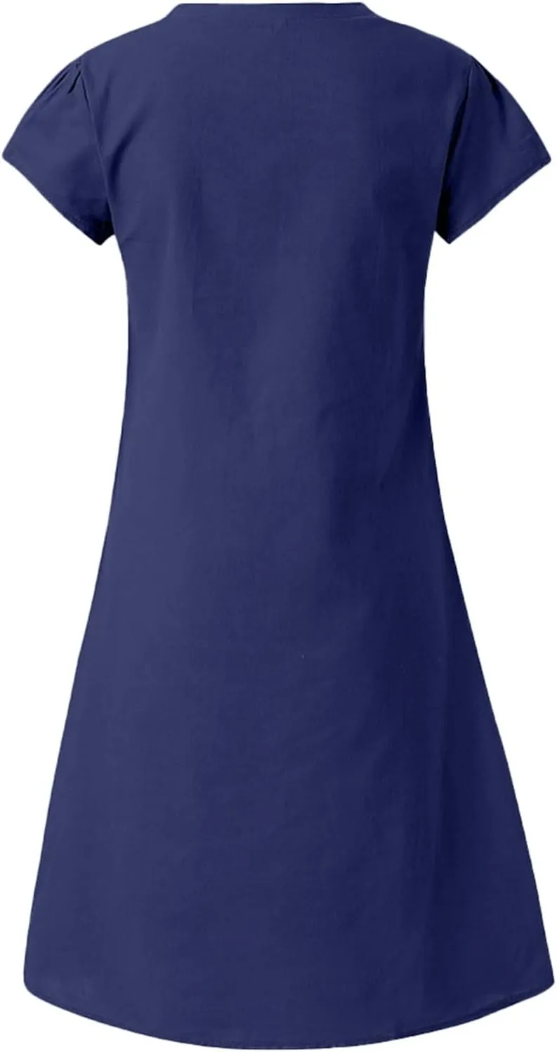 PTOLOCIF Women Cute Cap Sleeve V Neck Dresses Casual Cotton Linen Dress Summer Plain Shift Sundress Knee Length T Shirt Dress