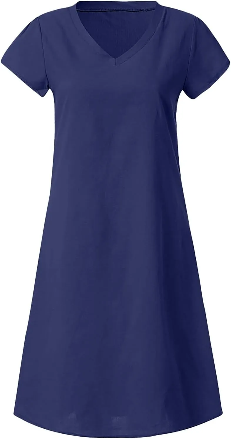 PTOLOCIF Women Cute Cap Sleeve V Neck Dresses Casual Cotton Linen Dress Summer Plain Shift Sundress Knee Length T Shirt Dress