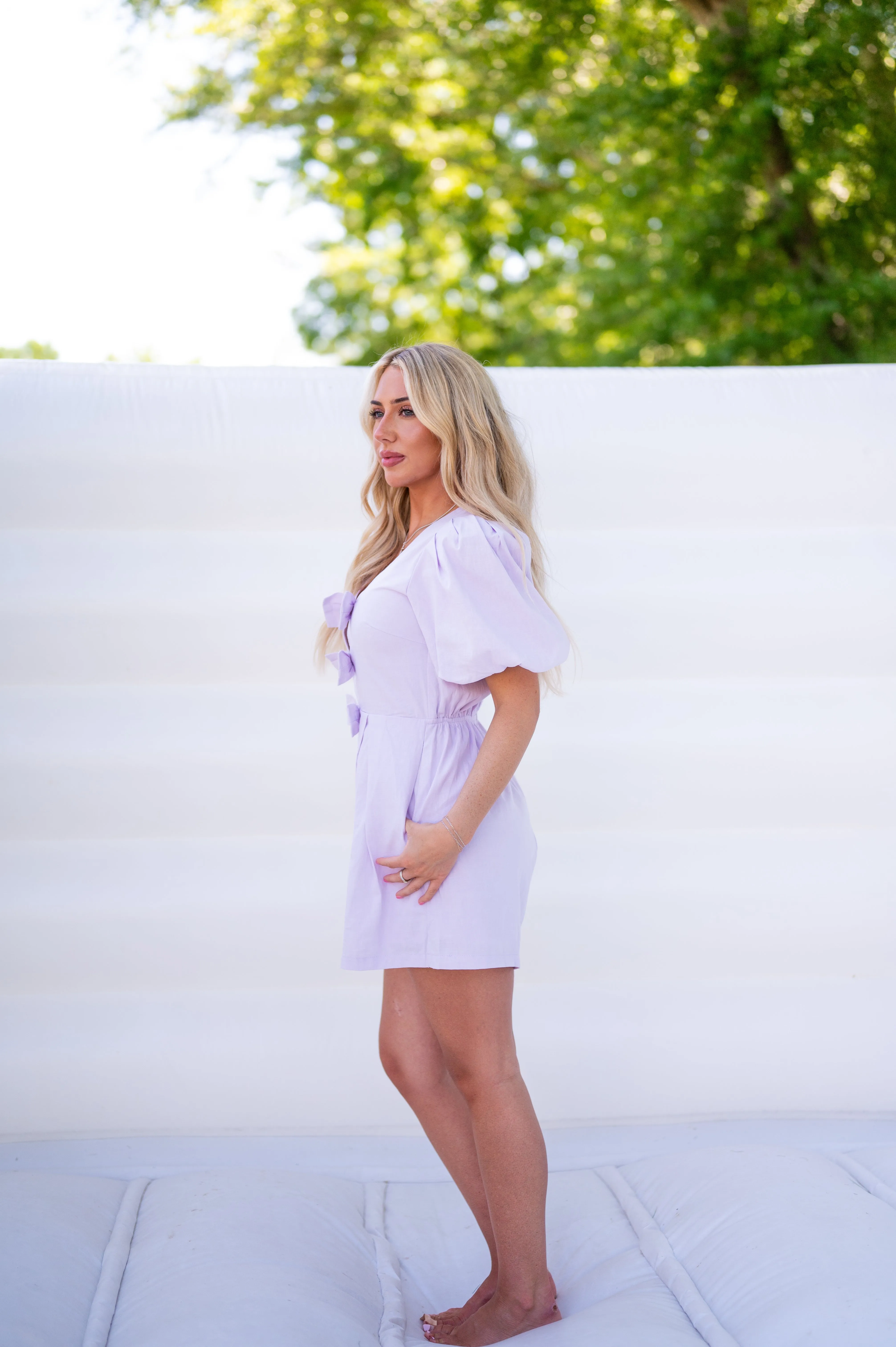 Puff Sleeve Bow Romper-Lavender