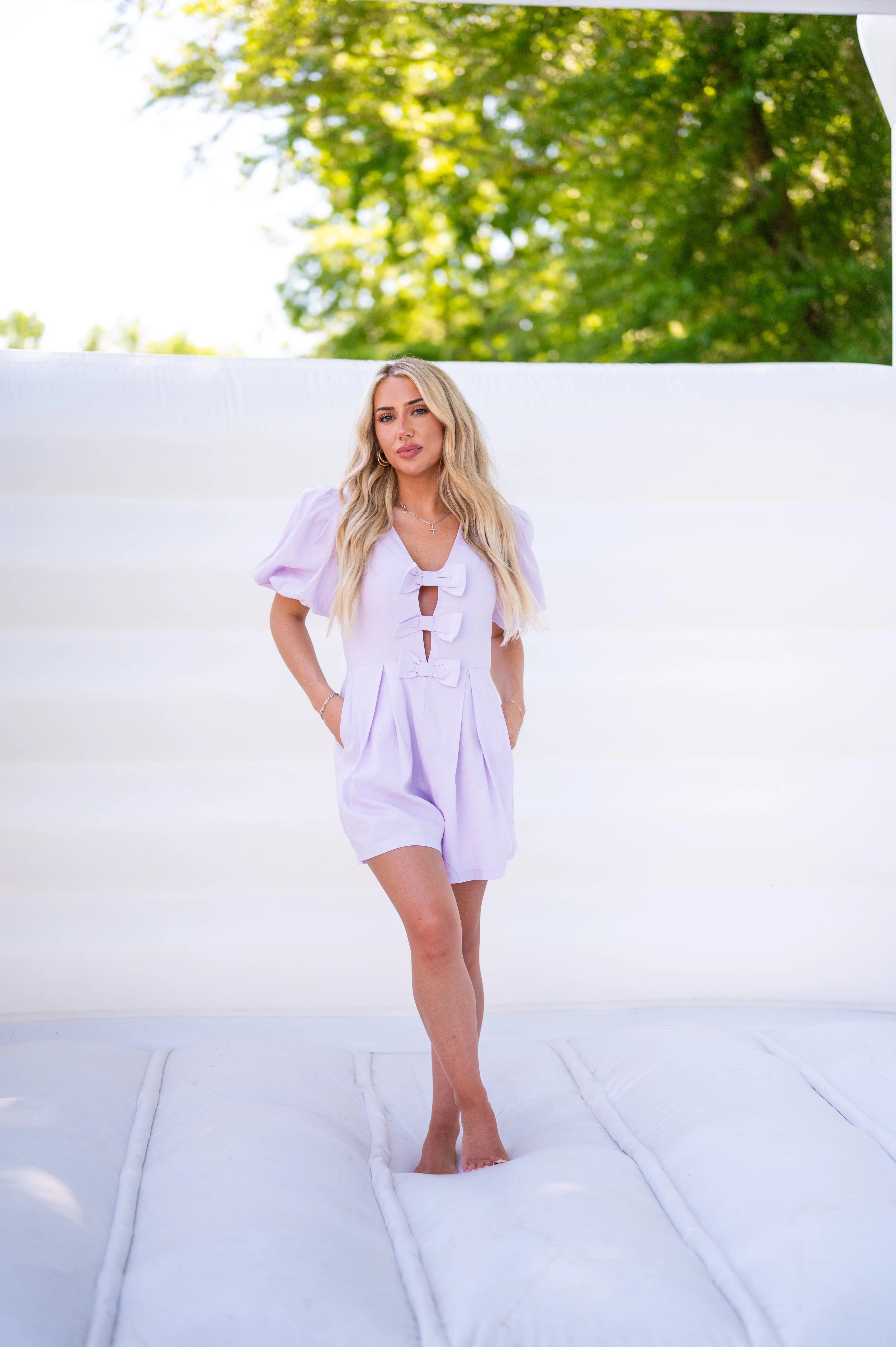 Puff Sleeve Bow Romper-Lavender