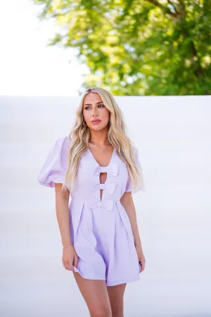Puff Sleeve Bow Romper-Lavender