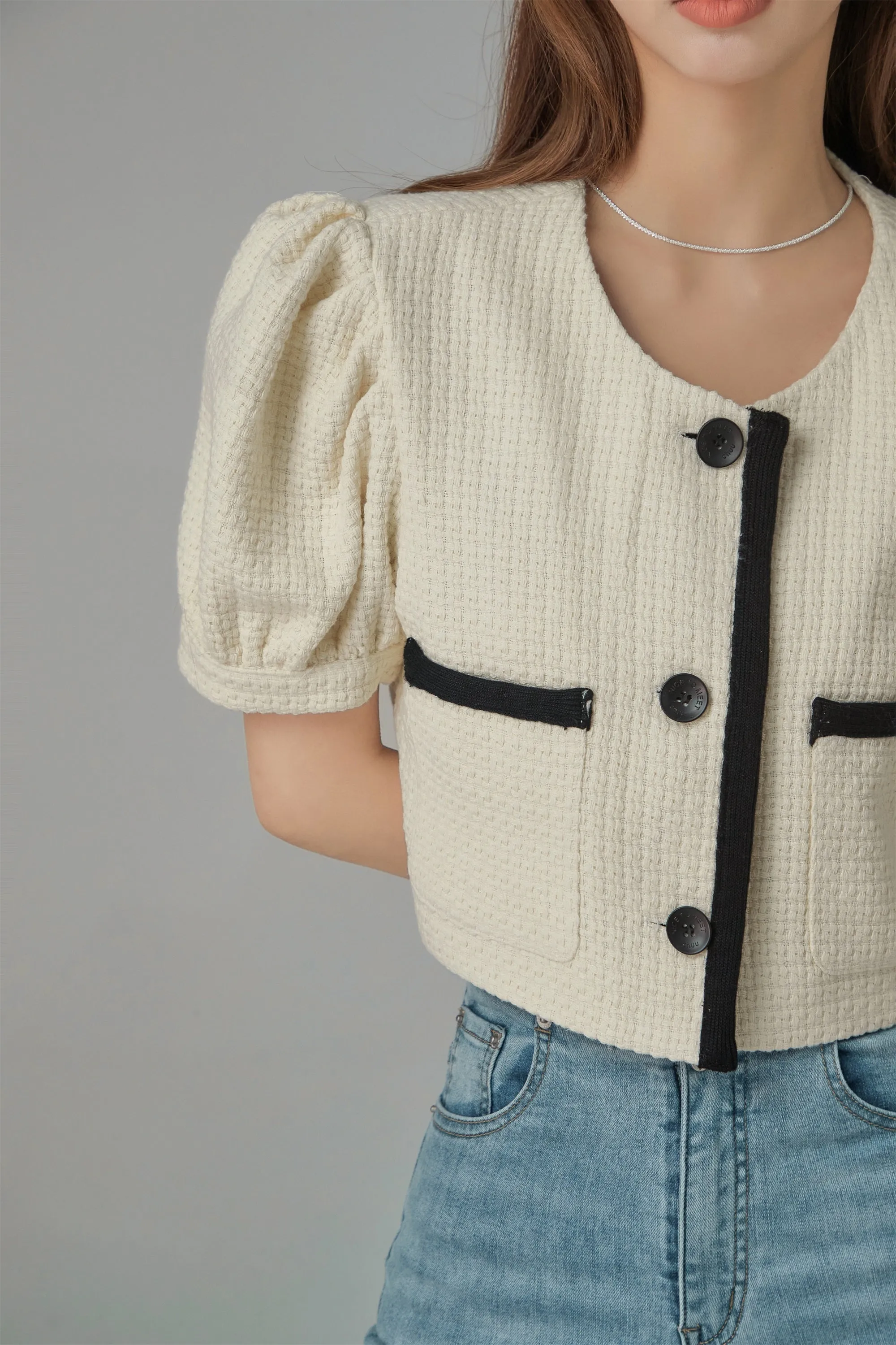 Puff Sleeve Coco Tweet Crop Jacket