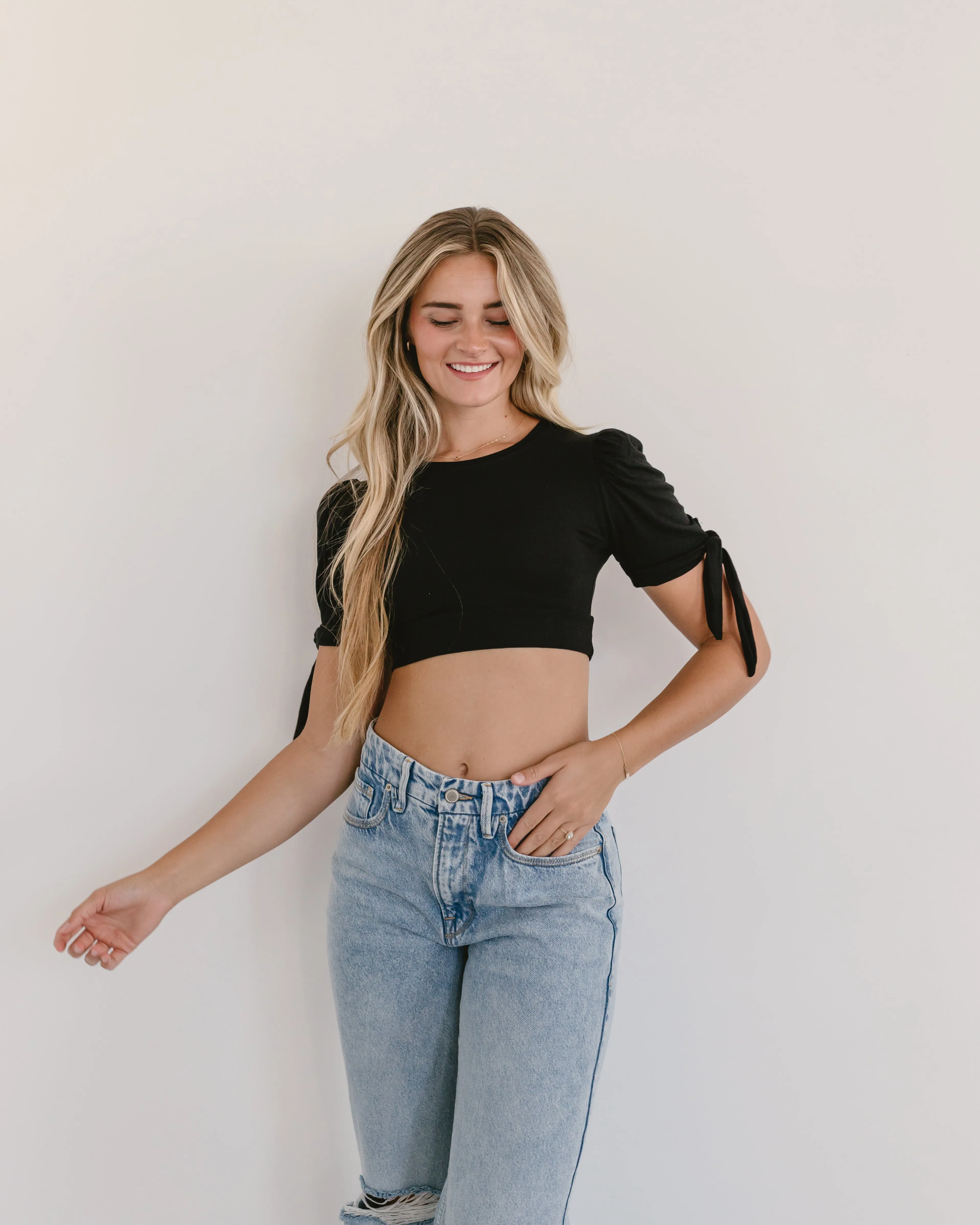 Puff Sleeve Halftee with Tie Detail