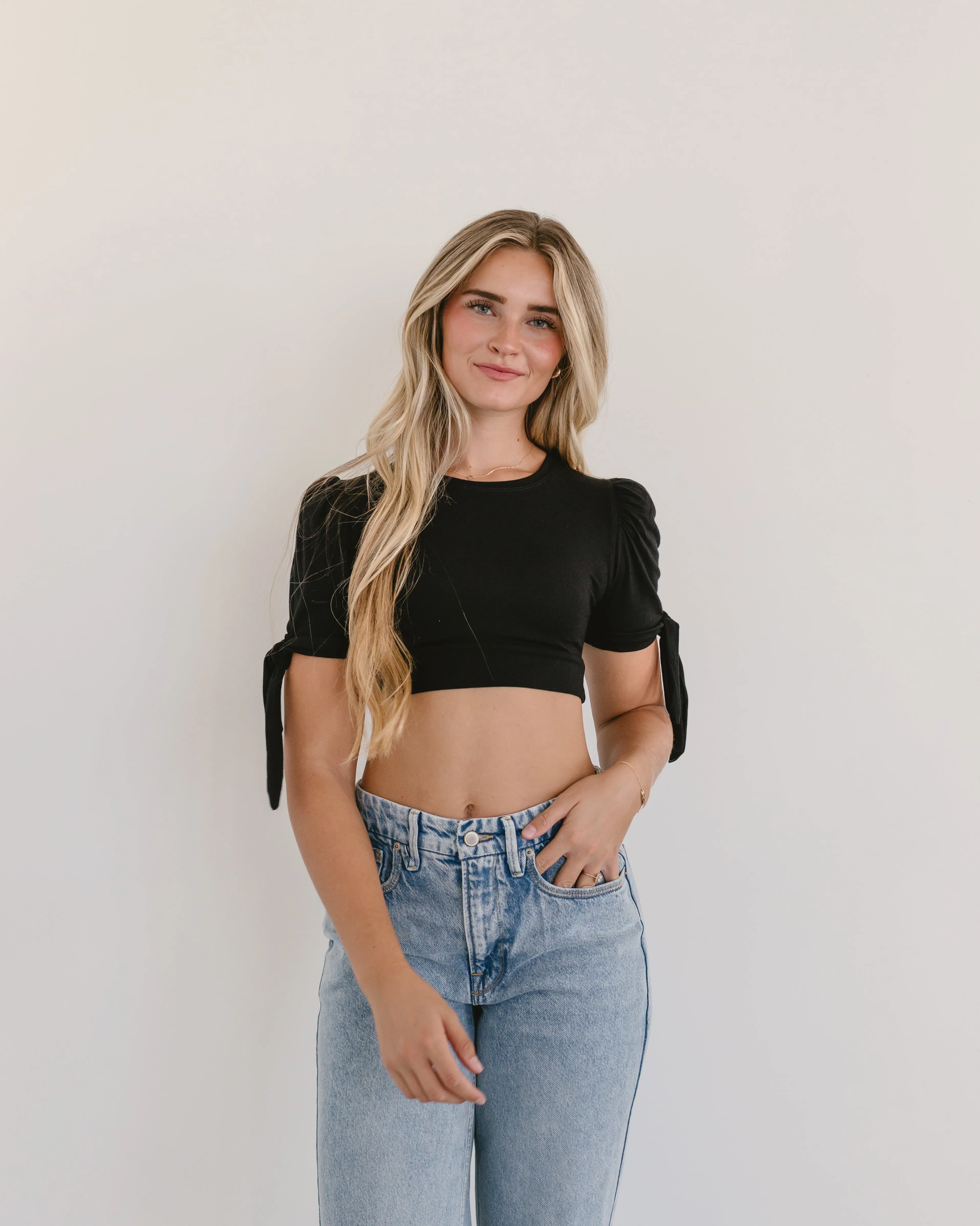Puff Sleeve Halftee with Tie Detail