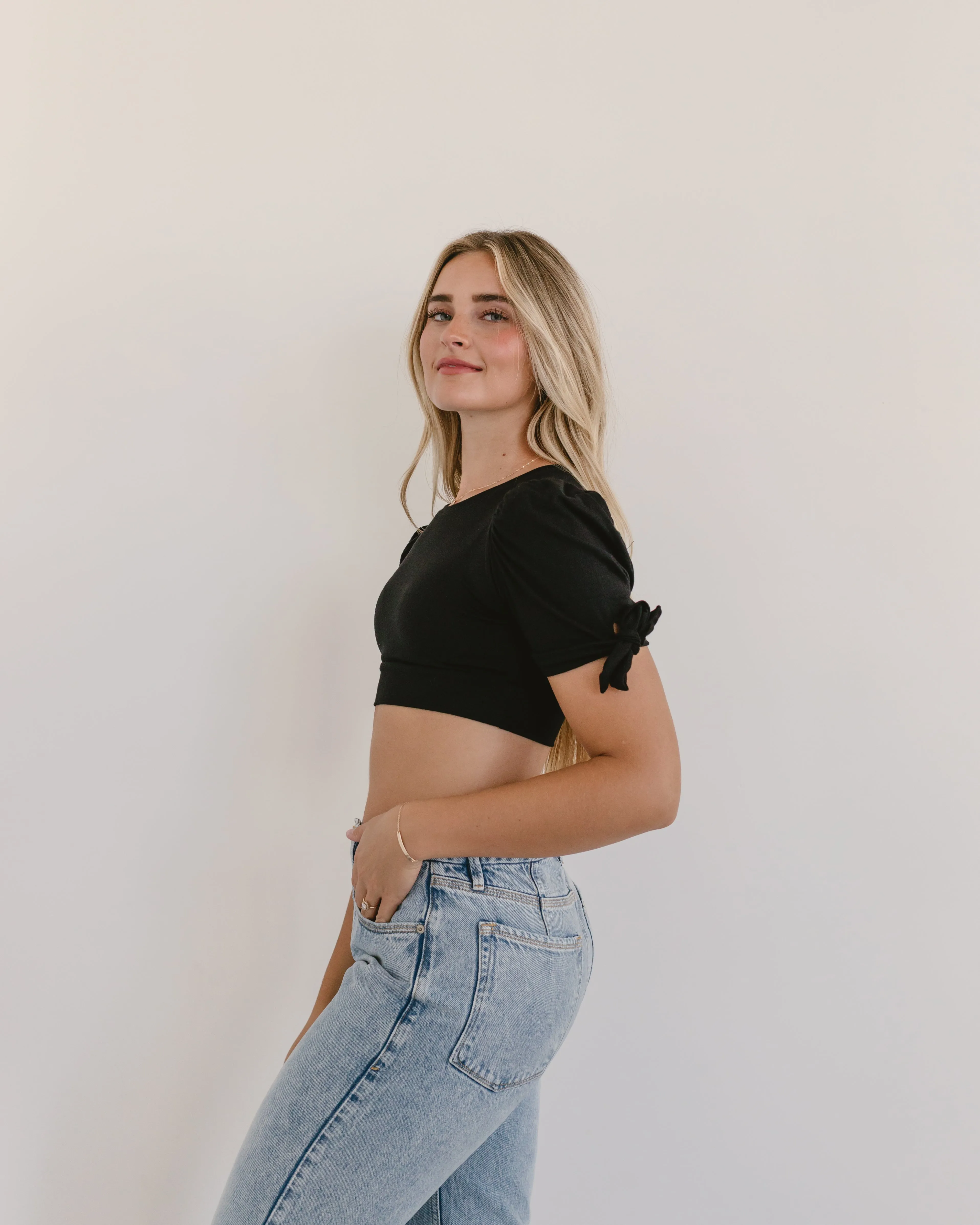 Puff Sleeve Halftee with Tie Detail