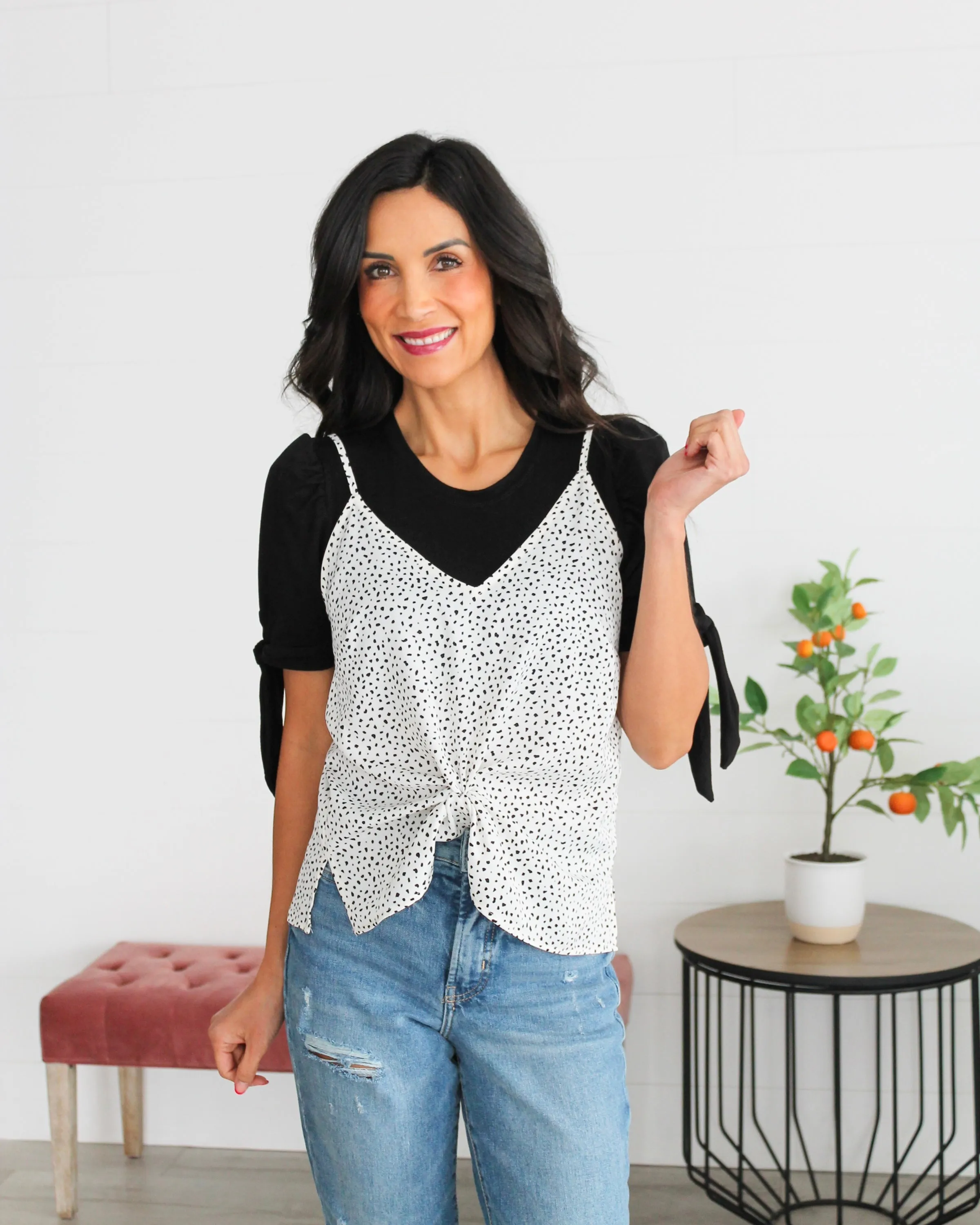 Puff Sleeve Halftee with Tie Detail