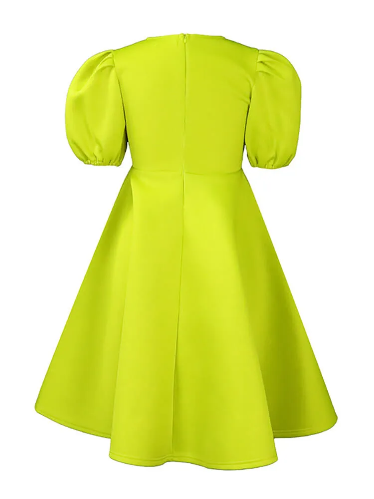 Puff Sleeve Solid Ruched Bodycon Midi Dresses