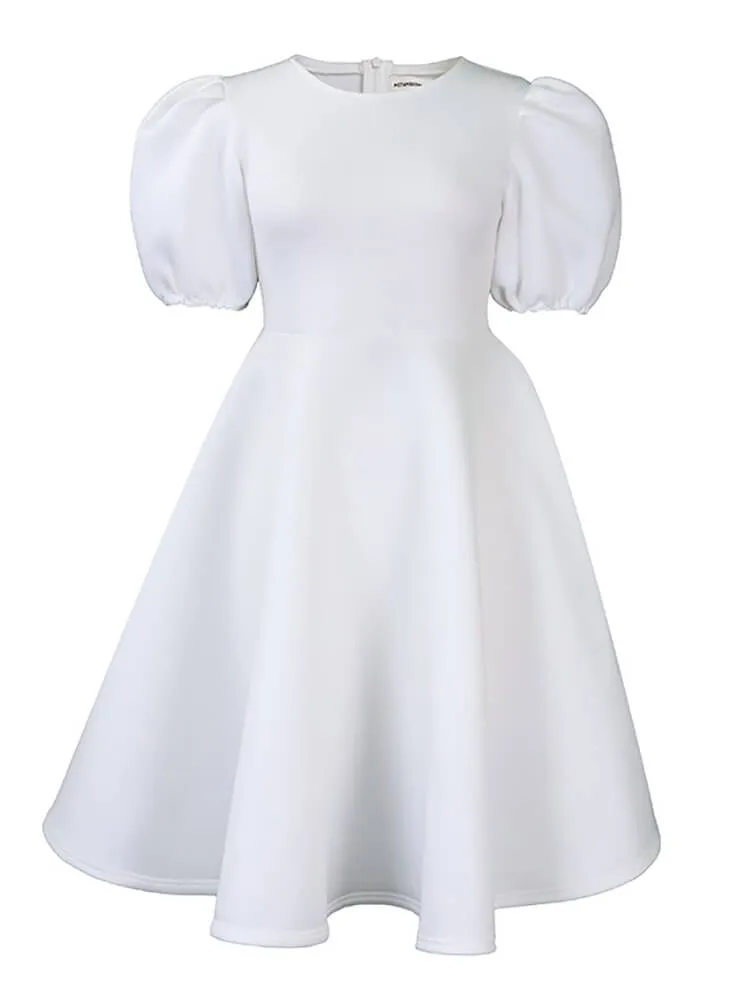Puff Sleeve Solid Ruched Bodycon Midi Dresses