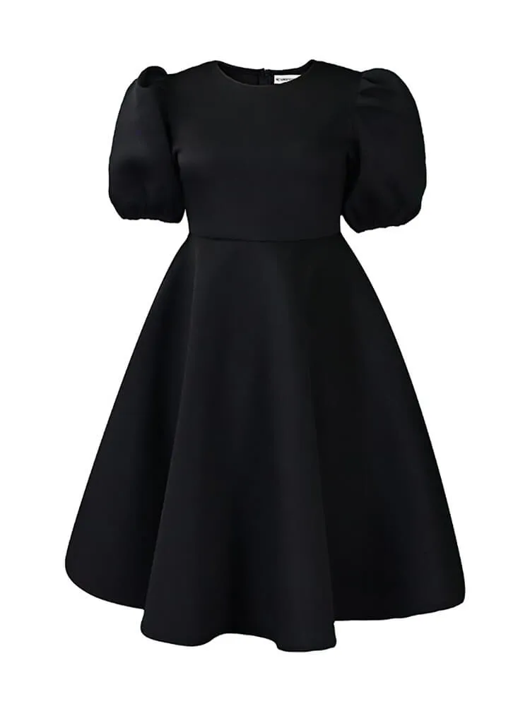 Puff Sleeve Solid Ruched Bodycon Midi Dresses