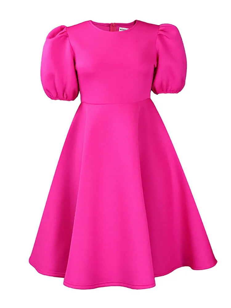 Puff Sleeve Solid Ruched Bodycon Midi Dresses