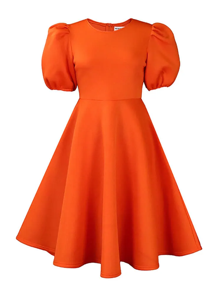Puff Sleeve Solid Ruched Bodycon Midi Dresses