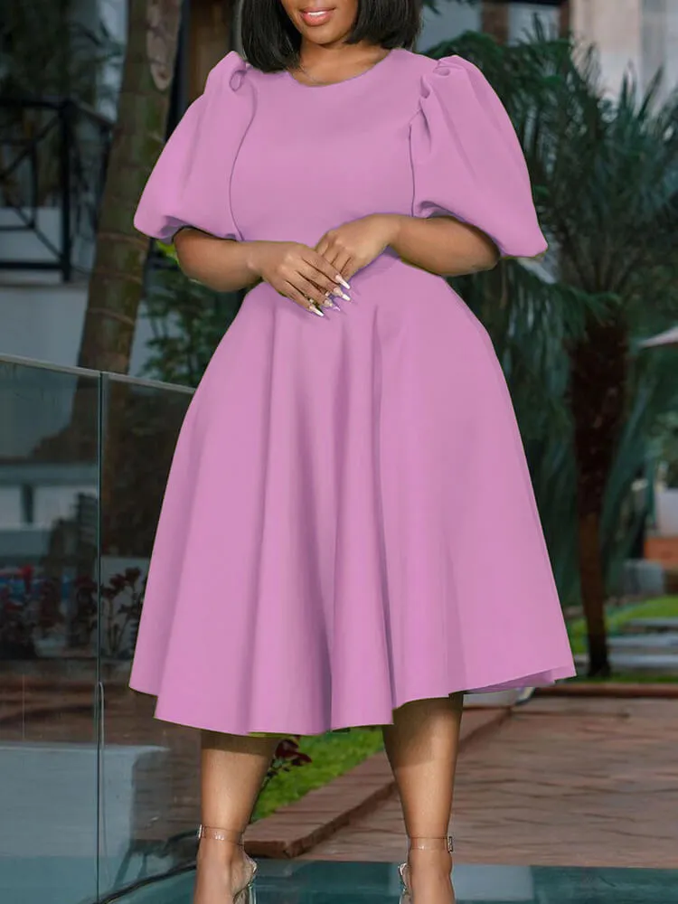 Puff Sleeve Solid Ruched Bodycon Midi Dresses