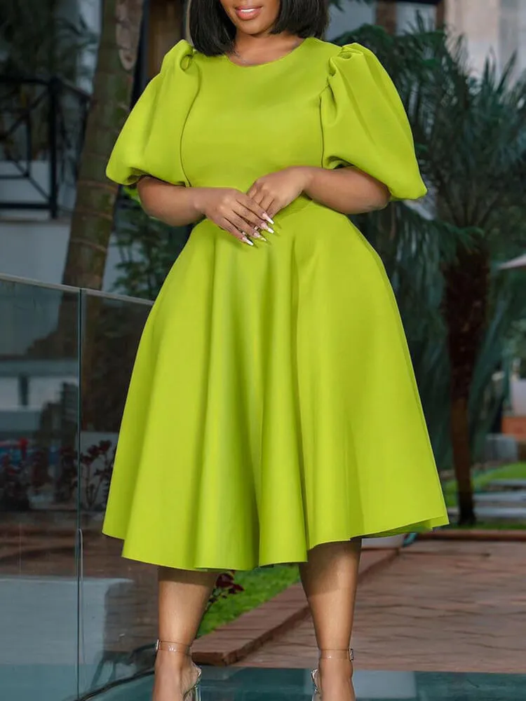 Puff Sleeve Solid Ruched Bodycon Midi Dresses