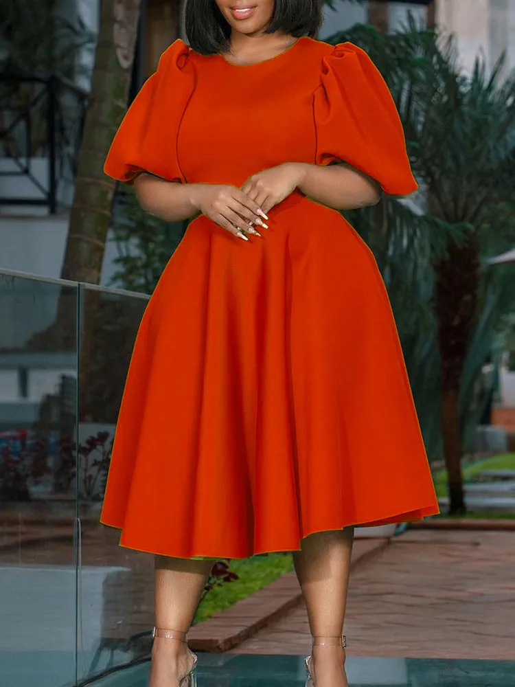 Puff Sleeve Solid Ruched Bodycon Midi Dresses