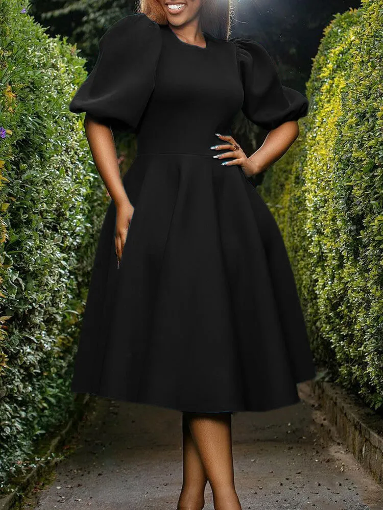 Puff Sleeve Solid Ruched Bodycon Midi Dresses