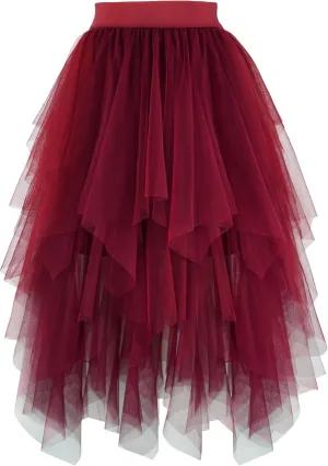 PUKAVT Tulle Skirts for Women High Waist Elastic Midi Skirt A-line Irregular Layered Mesh Tutu Skirts