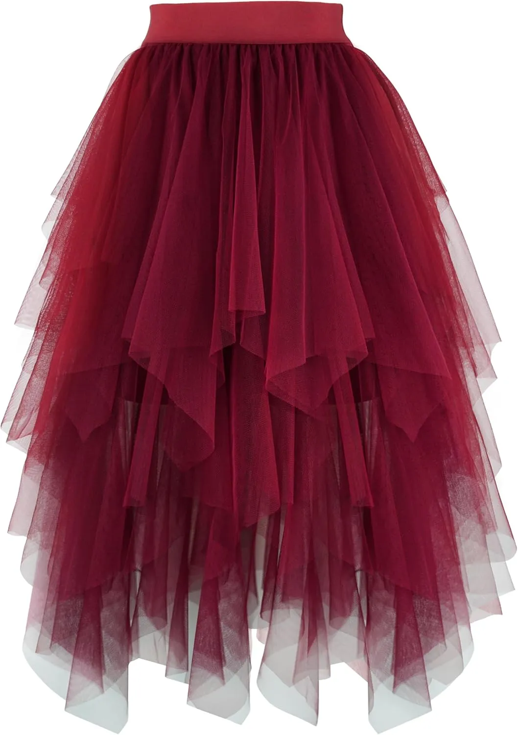 PUKAVT Tulle Skirts for Women High Waist Elastic Midi Skirt A-line Irregular Layered Mesh Tutu Skirts