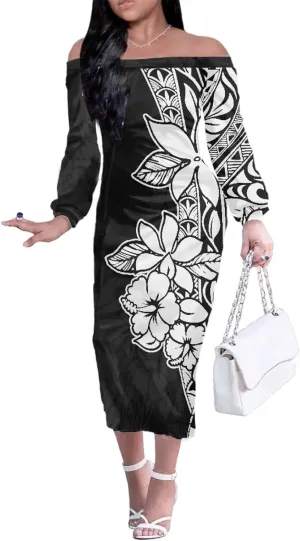 Puletasi Samoan Traditional Off Shoulder Long Shoulder Bodycon Dresses